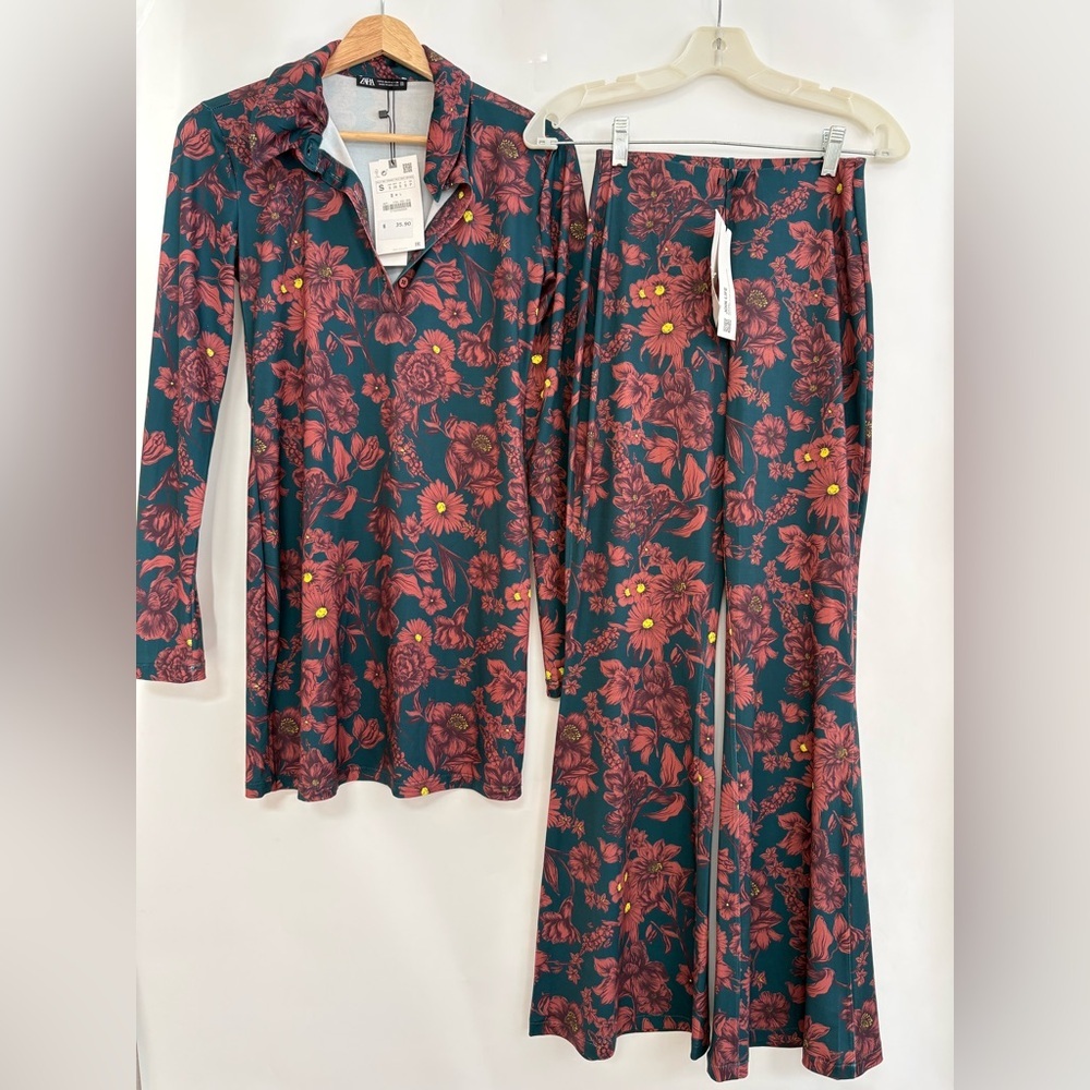 NWT Zara Navy Blue Maroon Flowers Set Collared Dress and Pull on Flare Pants